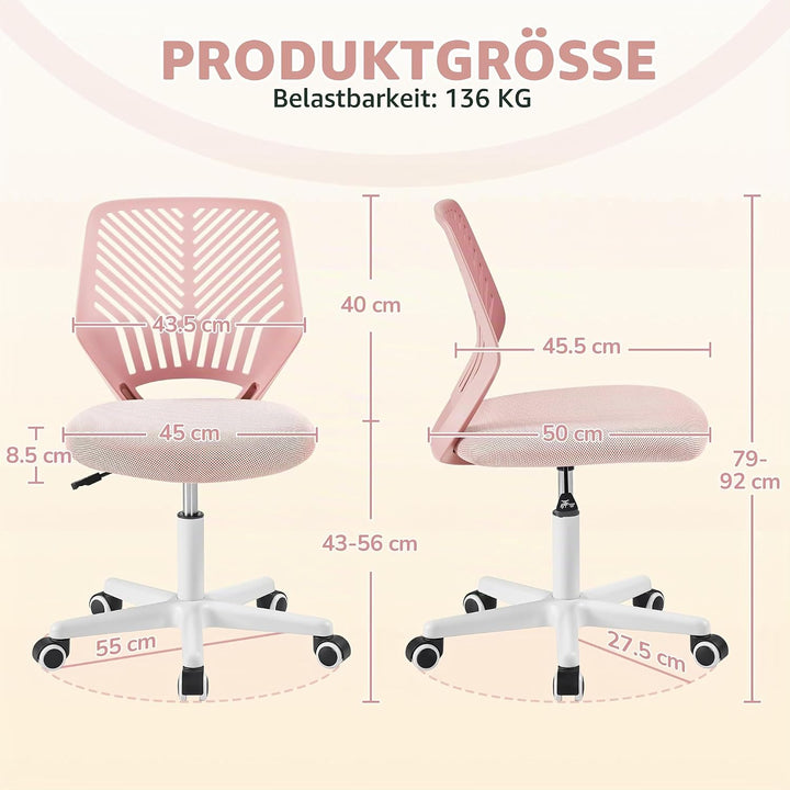 Yaheetech Bürostuhl ohne Armlehnen ergonomisch Schreibtischstuhl Hellrosa | Drehstuhl mit Rücklehne
