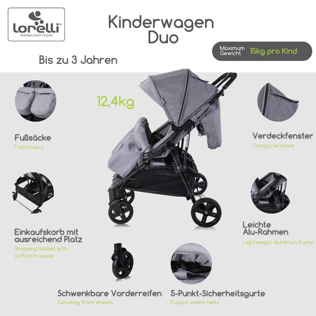 Lorelli Zwillingskinderwagen Duo, Zwillingsbuggy klein faltbar für 2 Kinder, sehr leicht, Zwillingsw