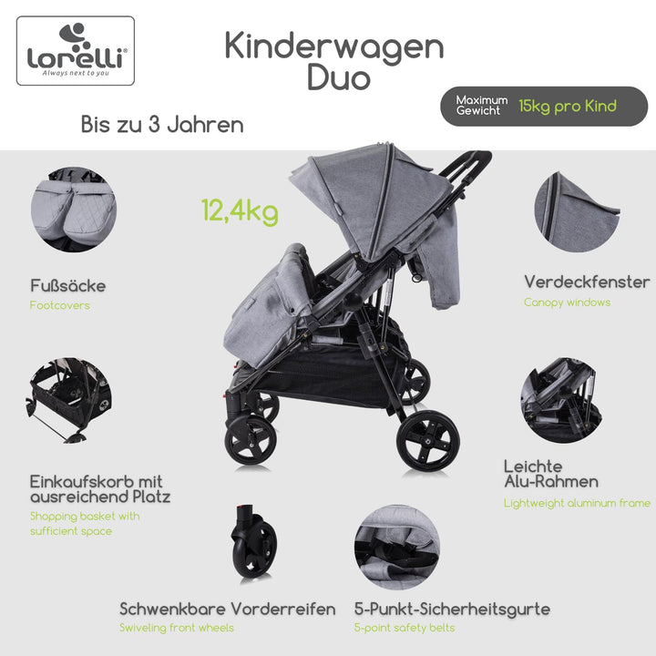 Lorelli Zwillingskinderwagen Duo, Zwillingsbuggy klein faltbar für 2 Kinder, sehr leicht, Zwillingsw