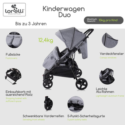 Lorelli Zwillingskinderwagen Duo, Zwillingsbuggy klein faltbar für 2 Kinder, sehr leicht, Zwillingsw