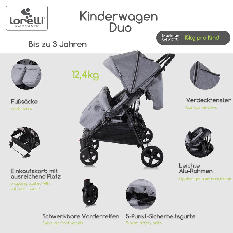 Lorelli Zwillingskinderwagen Duo, Zwillingsbuggy klein faltbar für 2 Kinder, sehr leicht, Zwillingsw