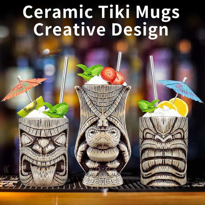 Tiki Becher Set Tiki Cocktail Gläser, Set Mit 3 Keramik-Tassen für Exotische Party,Tiki Bar, Keramik