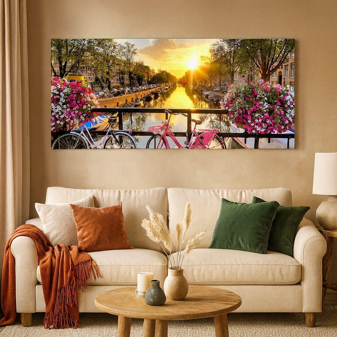 ARTTOR Wandbilder Dekoration Wohnzimmer Bikes Kanal Amsterdam Architektur Bilder auf Leinwand 120x50