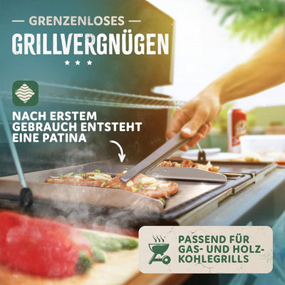 BoomDing Die massive Grillplatte aus 4mm Edelstahl mit Tragebügeln - 40x30 cm Plancha in Universalgr
