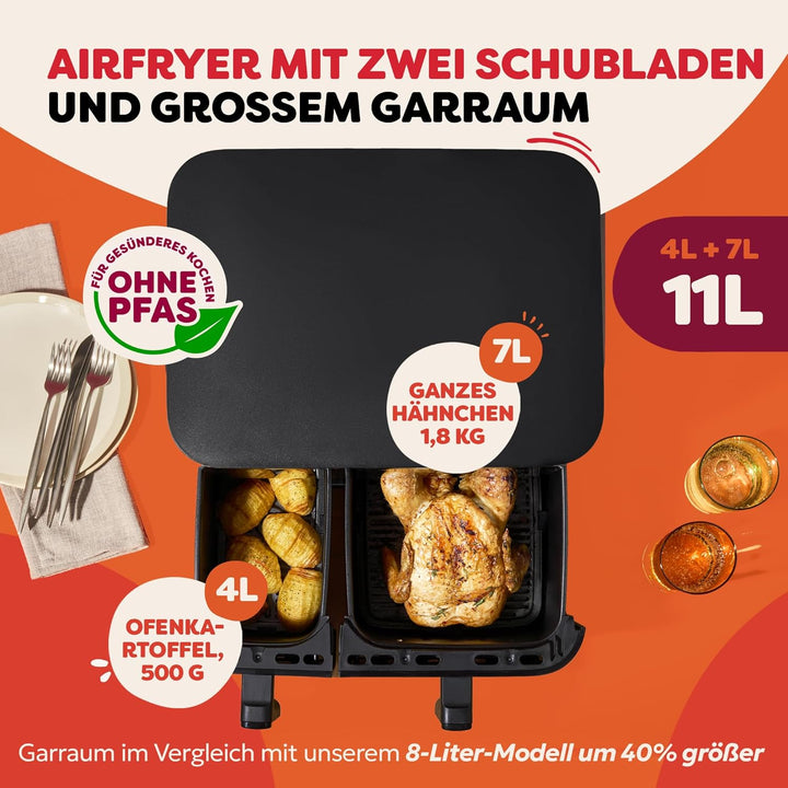 Instant Pot Vortex Dual PFAS-freie Heissluftfritteuse, gross, 11 l, zwei Körbe, 7 l + 4 l, 8 in 1 –