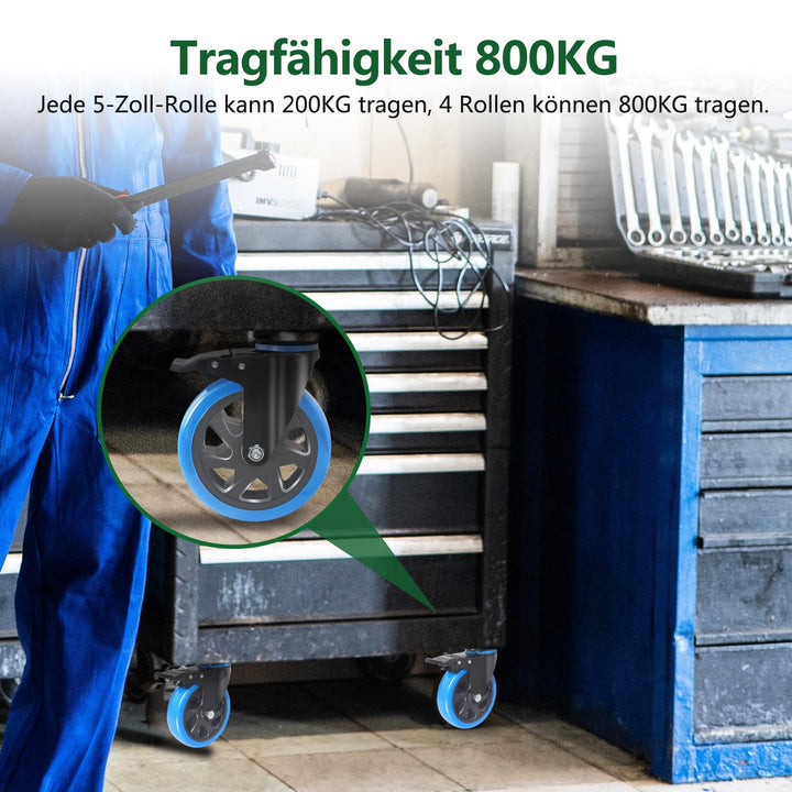 125MM Schwerlastrollen mit Bremse, 4 Stück Lenkrollen für Möbel, 360°Drehbar PU Möbelrollen Transpor