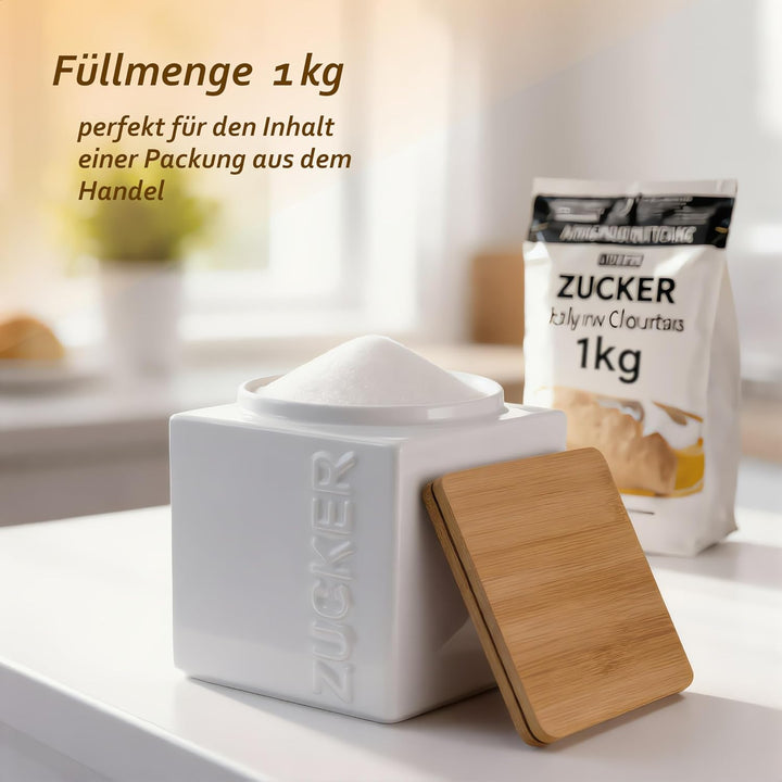 Zuckerdose luftdicht 1kg – Keramik Zuckerbehälter inkl. Bambus Messlöffel - Bambusdeckel für lange H