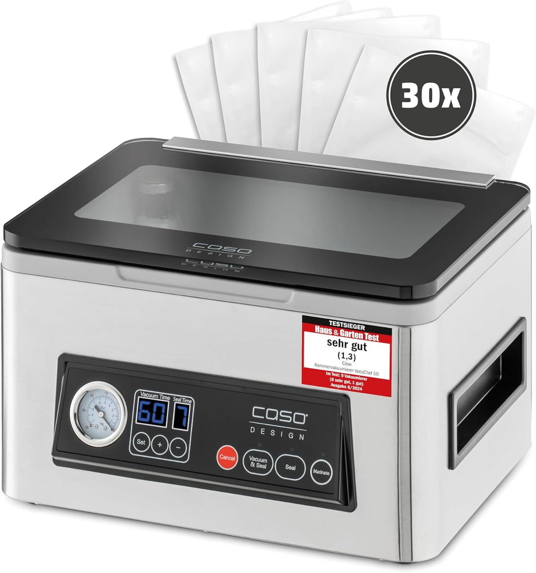 CASO VacuChef 50 - Kammervakuumierer aus Edelstahl, 70 l/min, 4 Kammervolumen, doppelte Schweissnaht