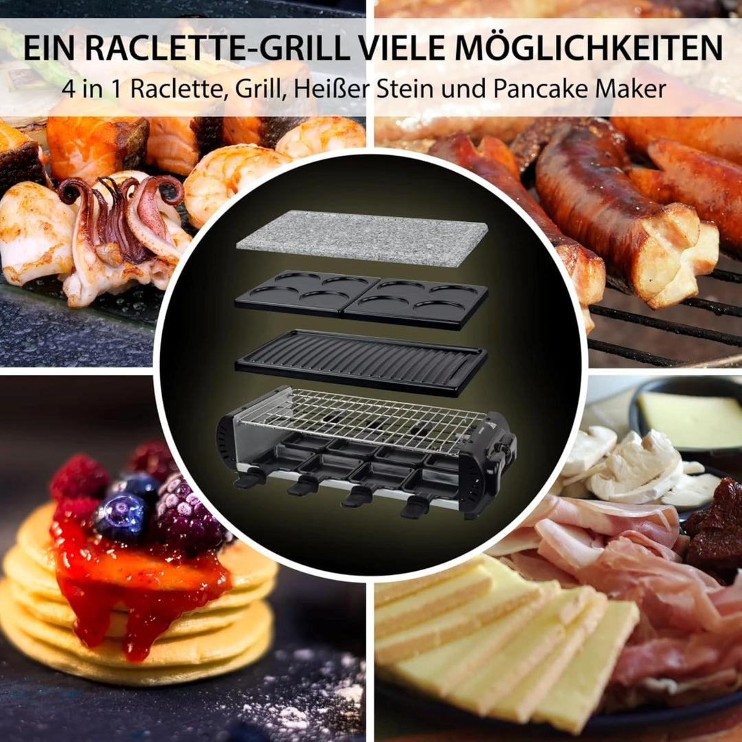 Syntrox Raclette Grill 8 Personen Liestal 1200W, 4-in-1 mit 4 Wechselplatten: Heisser Stein + Grillp