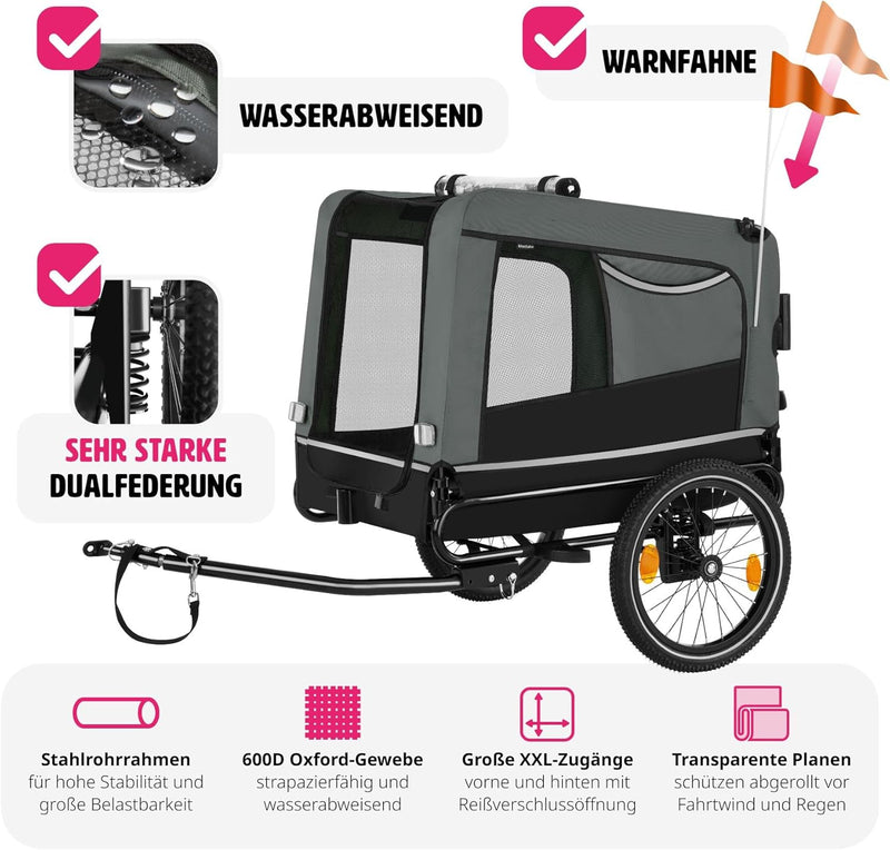 tectake® Fahrradanhänger multifunktional - als Hunde Anhänger Wagen für Fahrrad und e Bike, Jogger o