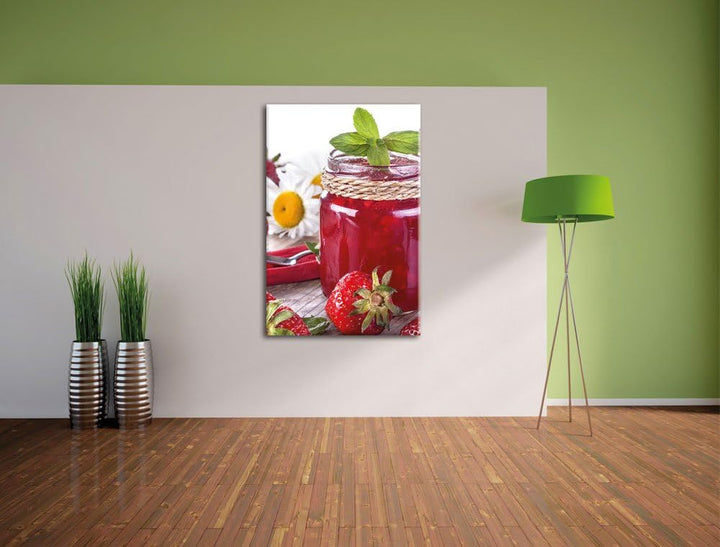 Pixxprint Glas mit Erdbeeren als Leinwandbild/Grösse: 100x70 / Wandbild/Kunstdruck/fertig bespannt,