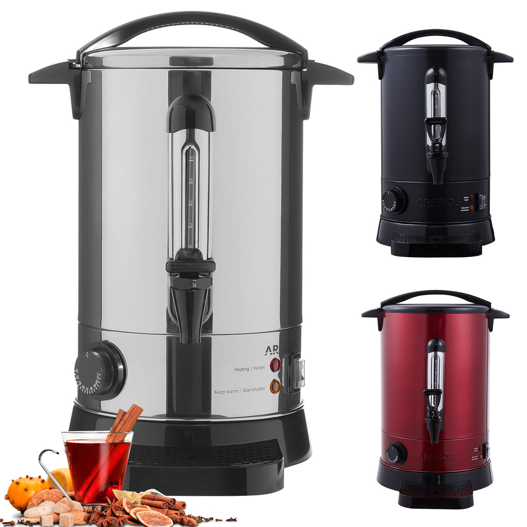 Arebos Glühweinkocher 950 W | Heissgetränkespender | 6,8 L | mit Auffangschale, Auslasshahn, Thermos