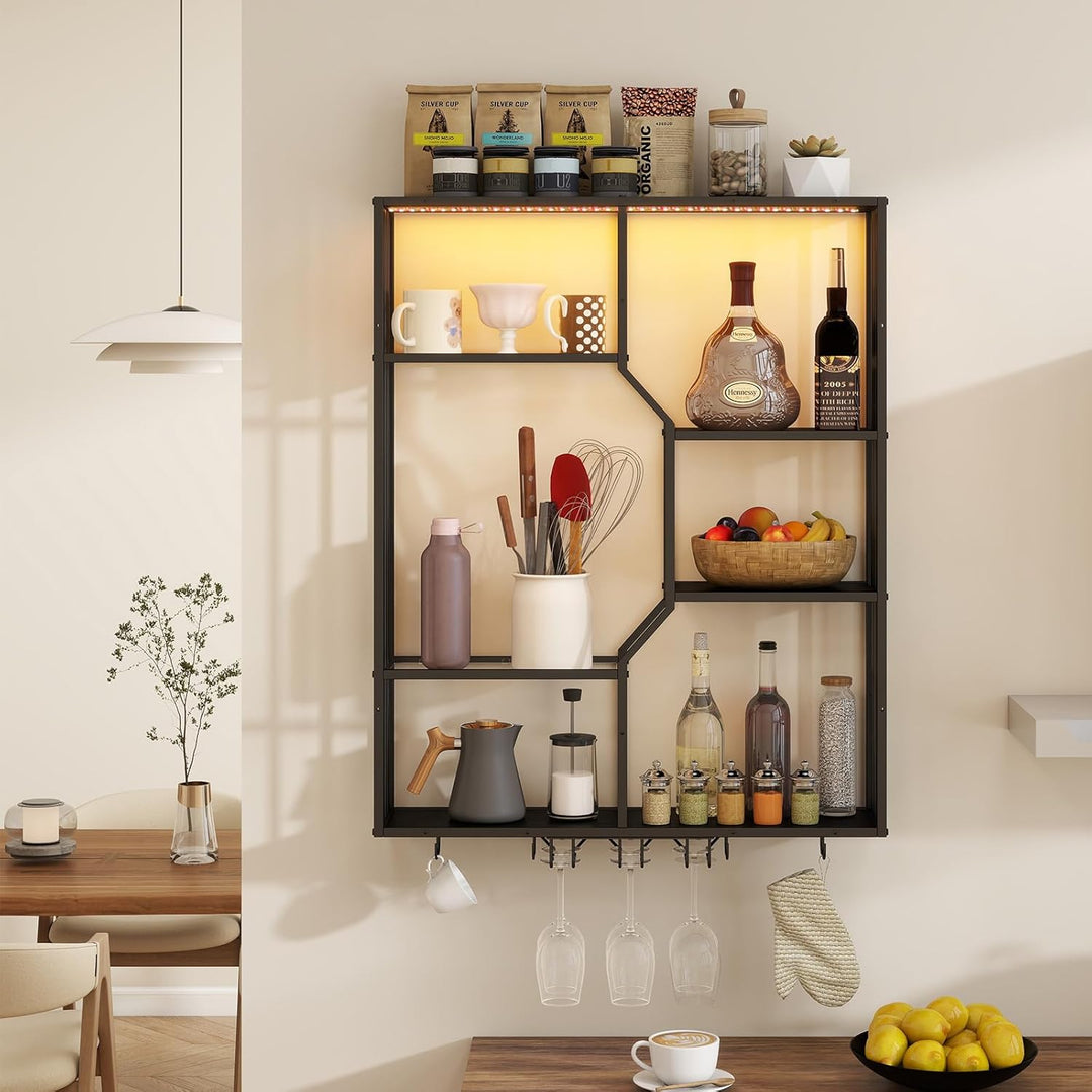 YOURLITE Weinregal Wand mit LED-Beleuchtung,Metall Bar Regal mit Glashalter,Wandmontage Wine Display