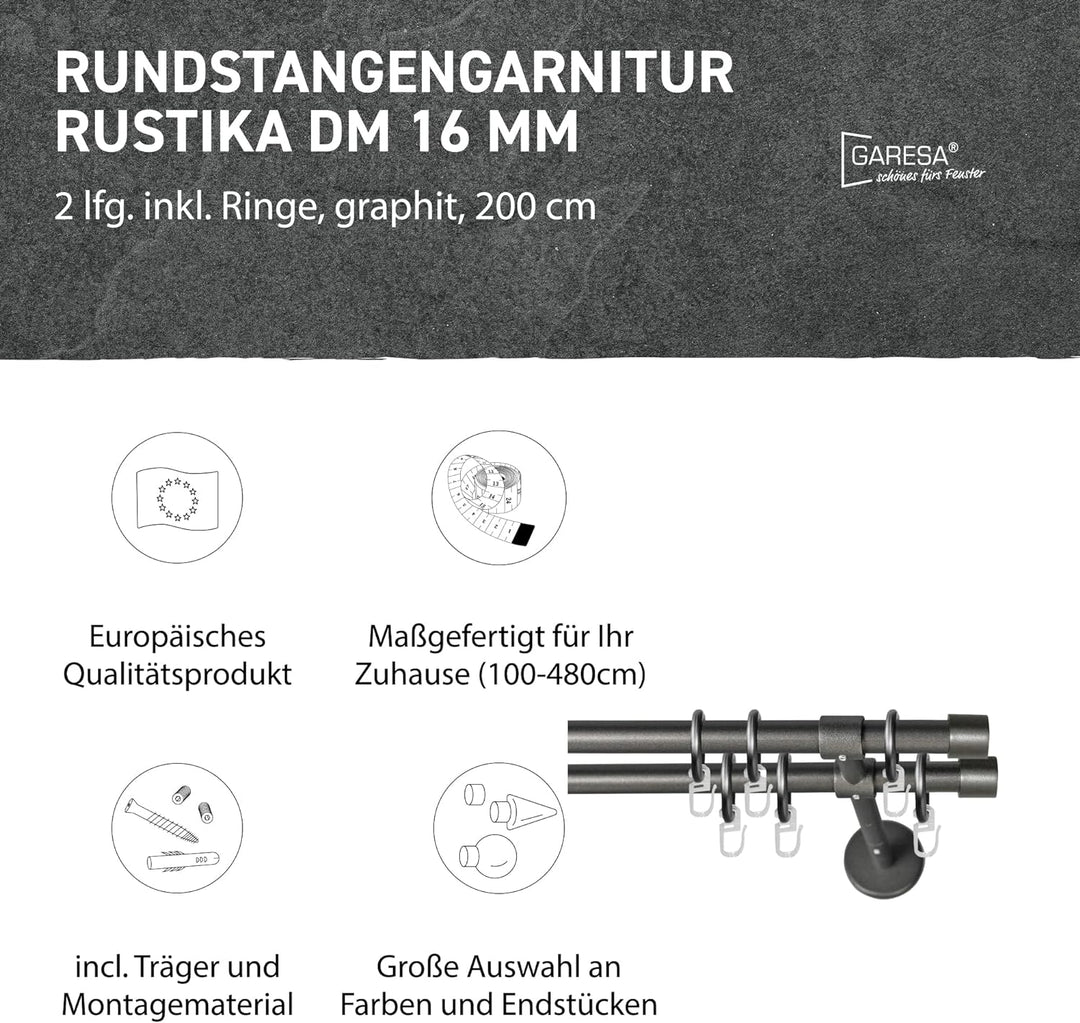 Garesa Gardinenstange Rustika Ø 16mm, 2-läufig, Graphite I Rustikale Vorhangstange aus Metall inkl.