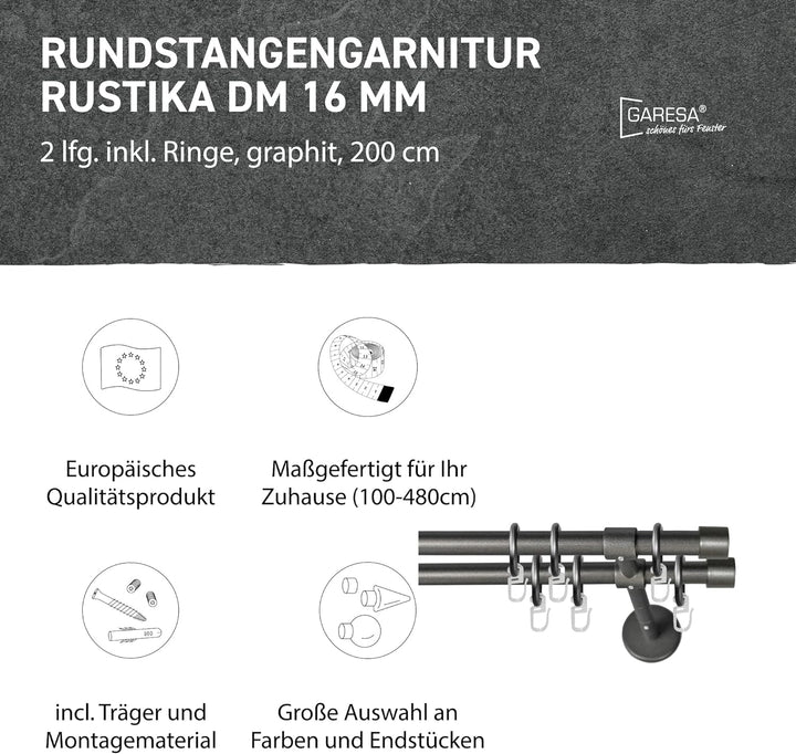 Garesa Gardinenstange Rustika Ø 16mm, 2-läufig, Graphite I Rustikale Vorhangstange aus Metall inkl.