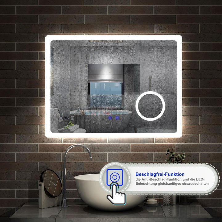 Badspiegel mit Bluetooth 80×60cm Uhr Schminkspeigel Kalt/Neutral/Warmweiss dimmbar Touch/Wandschalte