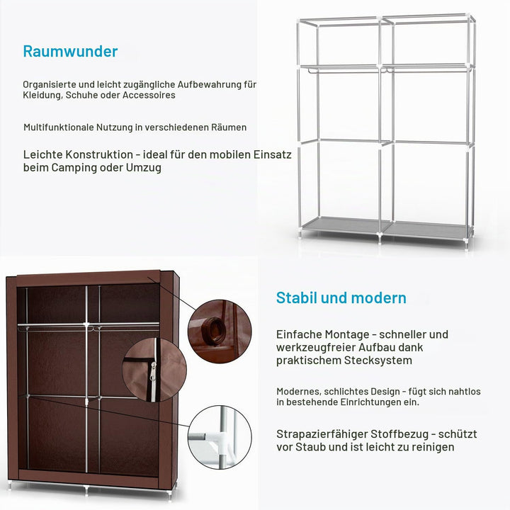 Faltschrank 108x45x170 cm in BRAUN - Stoffkleiderschrank mit Reissverschluss und Kleiderstange, Seit