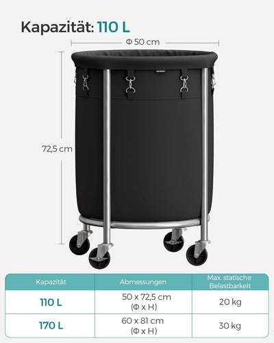 SONGMICS Wäschekorb mit Rollen, Wäschesammler, 110 Liter, Wäschewagen, runder Korb mit Stahlrahmen,