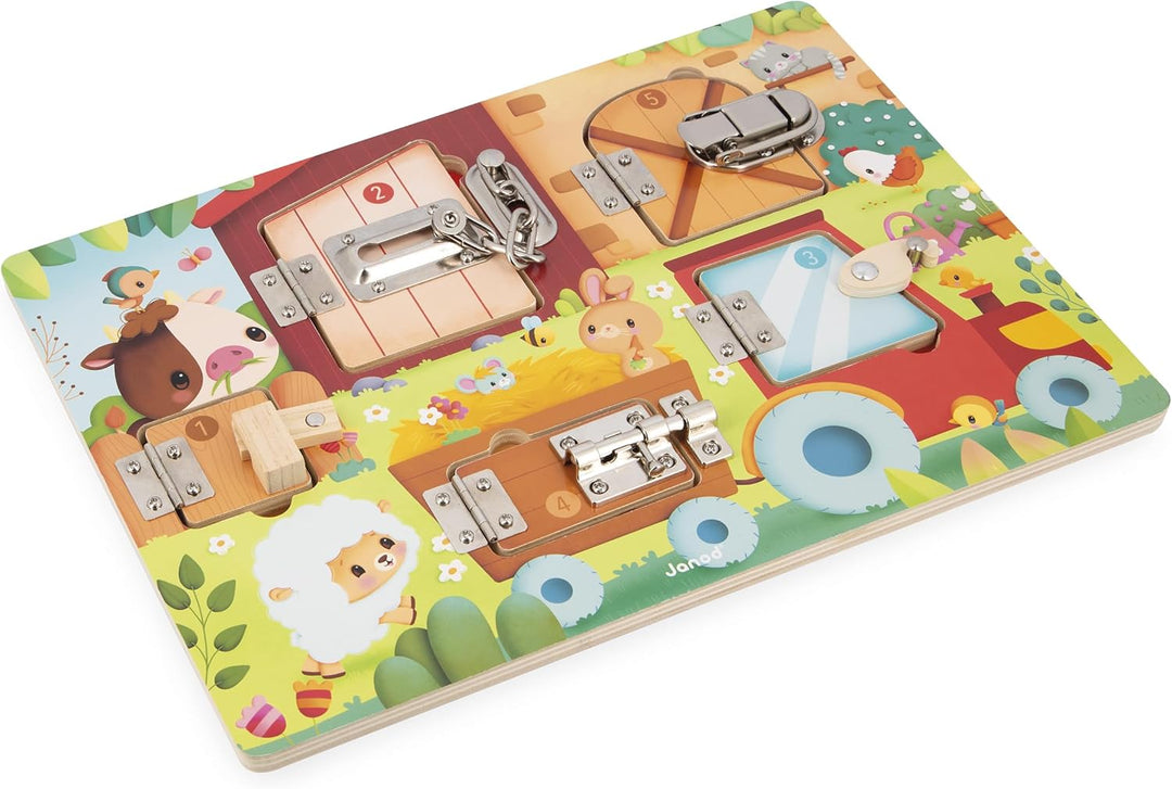Janod – Bauernhof-Tafel mit Vorhängeschloss – Busy Board-Aktivitätsbrett – 5 Arten von Öffnungen – F
