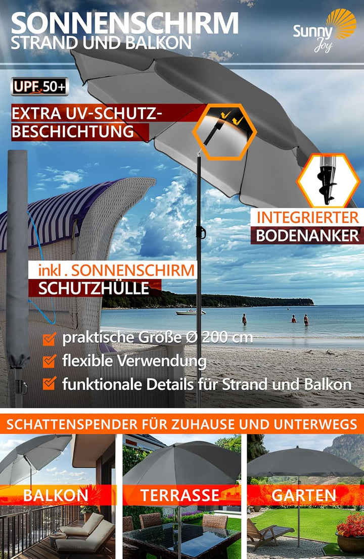 4smile Sonnenschirm Strand SET, Ø 200 cm, Anthrazit | UPF 50+ Sonnenschirm Balkon, inkl. Hülle, Gart