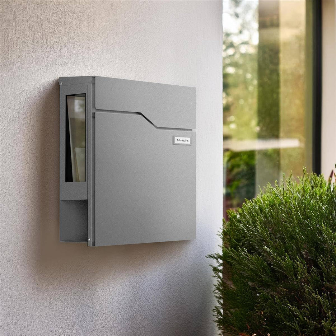 Metzler Briefkasten in Graualuminium mit Zeitungsfach & Sichtfenster – Wandbriefkasten Grau mit aust