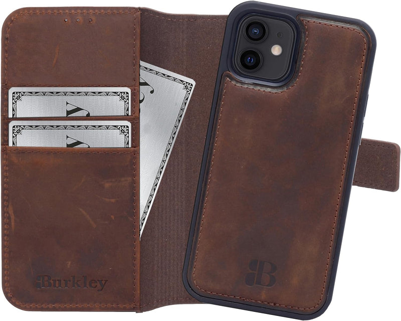 Burkley 2in1 Leder Handytasche für iPhone 12 Mini Handyhülle mit herausnehmbarem Back Cover, 360° Sc