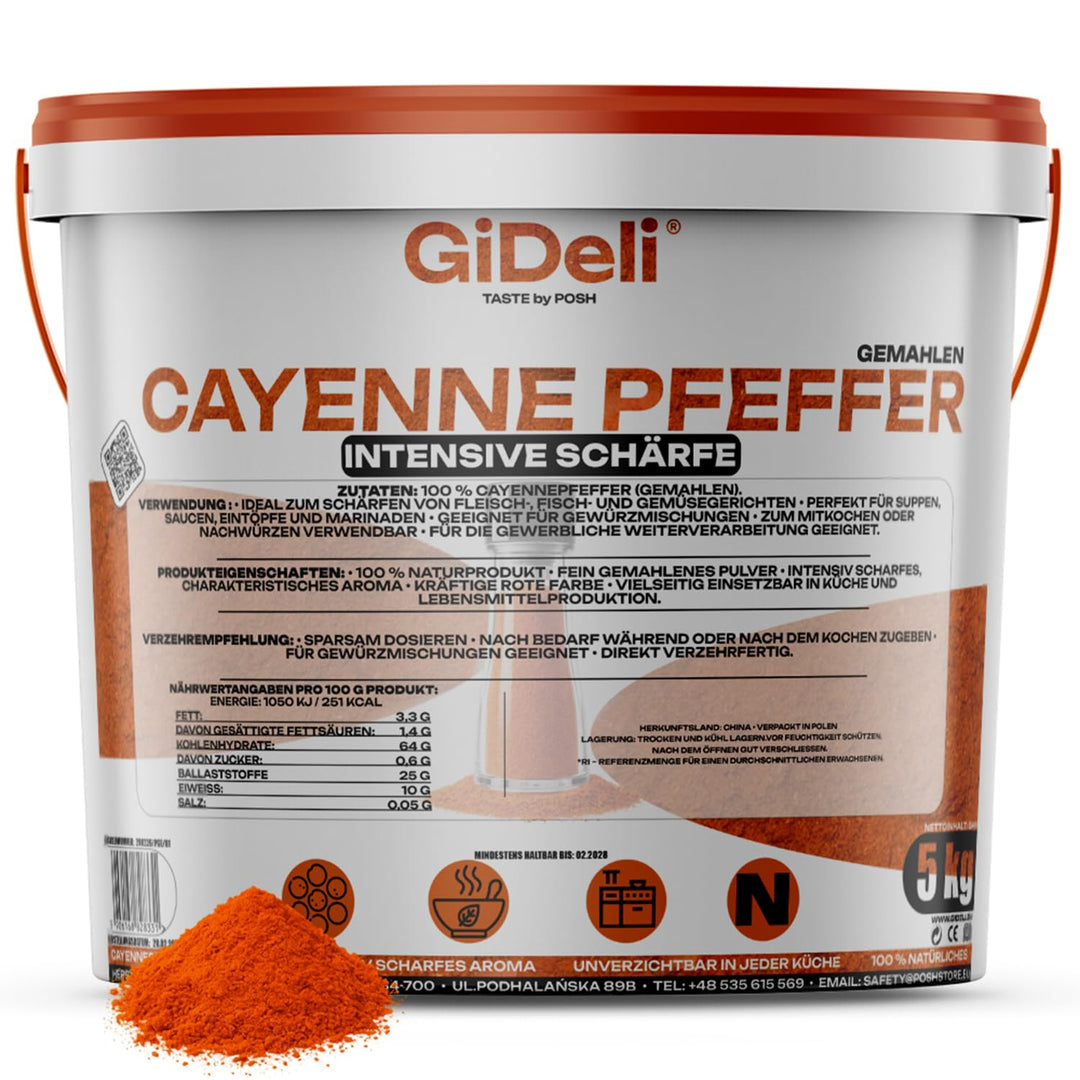 GiDeli Cayenne Pfeffer 5kg im Eimer - Fein Gemahlenes Chilipulver für Fleisch, Fisch, Suppen und Sos