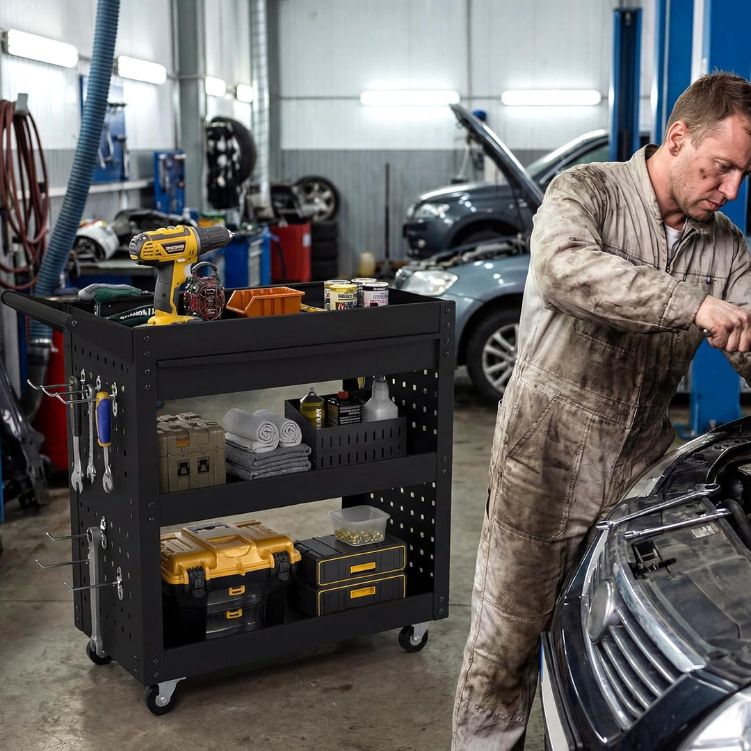 GOPLUS Werkstattwagen mit 3 Ebenen, Rollwagen mit Schublade, 2 Pegboards & 8 Haken, Werkzeugwagen au