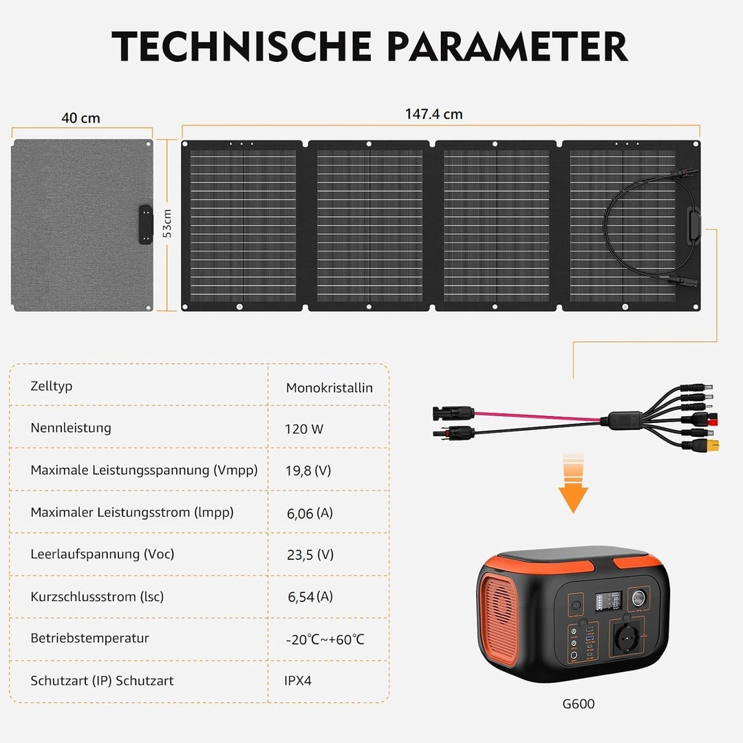 SinKeu 120W faltbares Solarpanel, Tragbare Solarladegerät mit Tragetasche, Wasserdicht mit 19,8V 6A