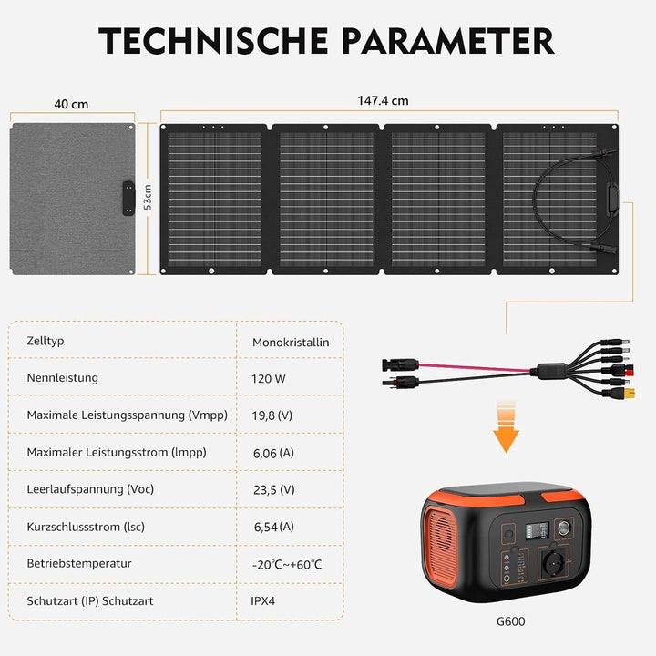 SinKeu 120W faltbares Solarpanel, Tragbare Solarladegerät mit Tragetasche, Wasserdicht mit 19,8V 6A