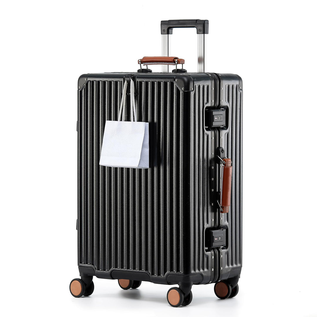 Aluminium-Rahmen Handgepäck S (58cm) – Premium Hartschalen-Koffer als Bordgepäck, mit braunem Echtle