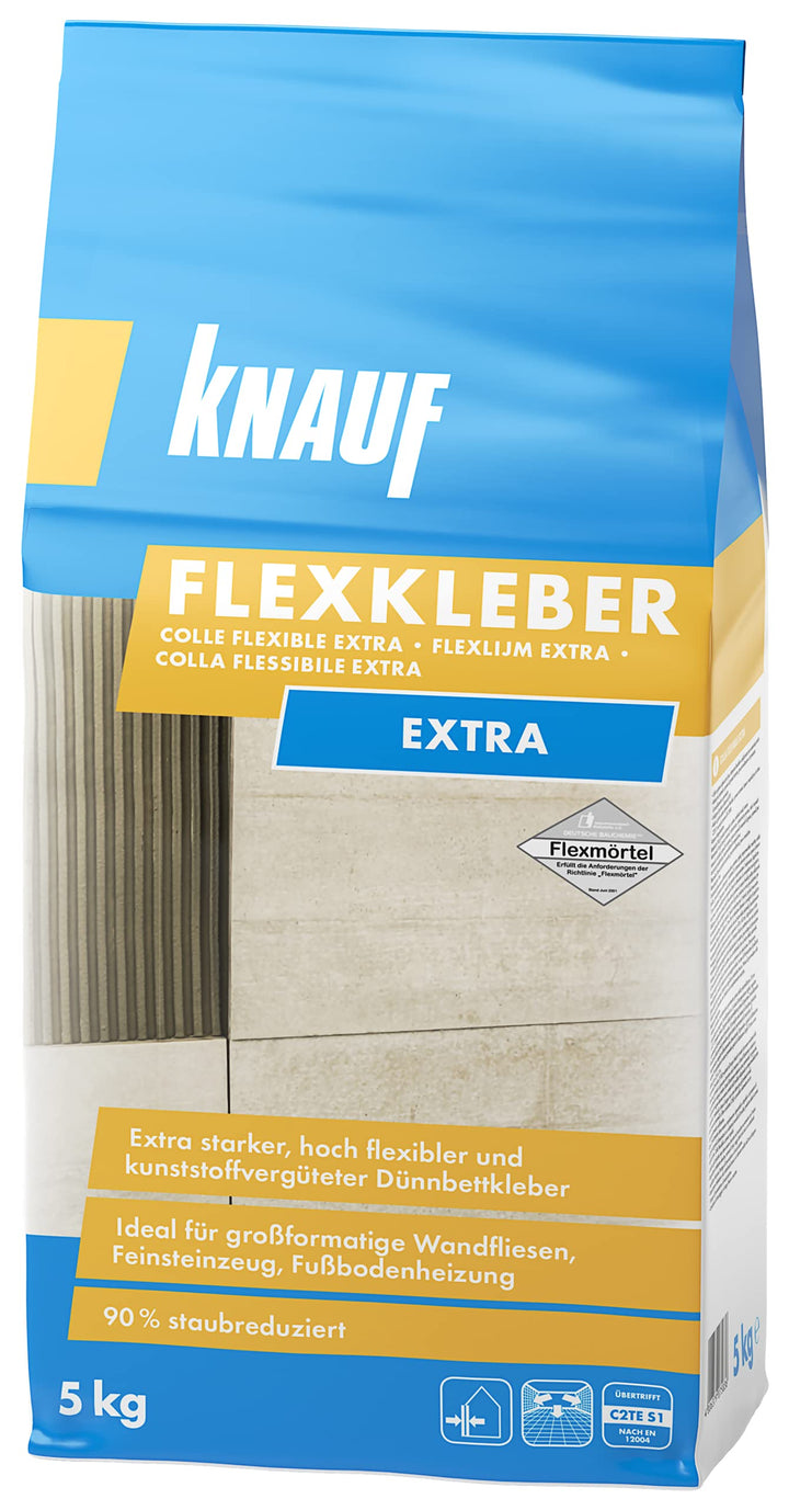 Knauf Flexkleber eXtra, 5 kg, 90% staubreduzierter Dünnbettmörtel für sauberes Arbeiten, extra stark