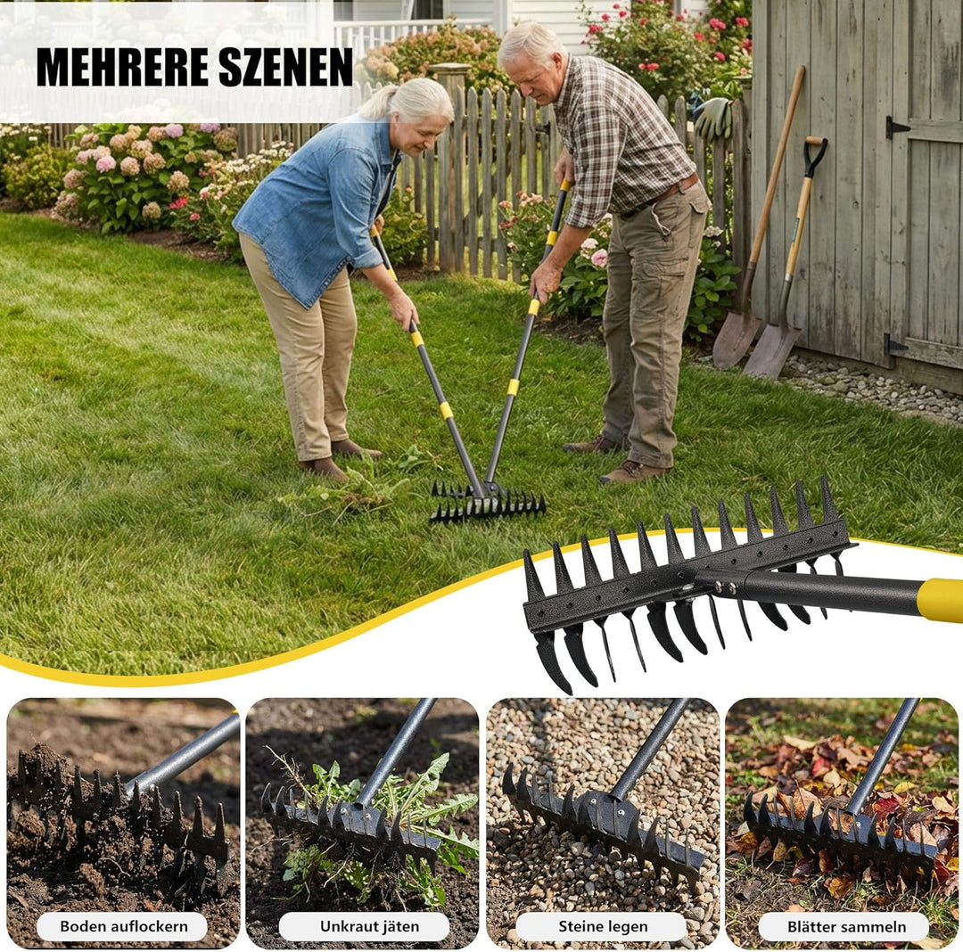 Gartenrechen, Breite Edelstahl-Rechen mit 12 Zinken, 157 cm Längenverstellbarer Rasenrechen mit Ruts
