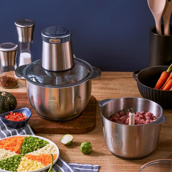 Bear 2L+1.8L Zerkleinerer Elektrisch Mini, 600W 2 Geschwindigkeitsstufen, Häcksler mit 4-Edelstahlkl