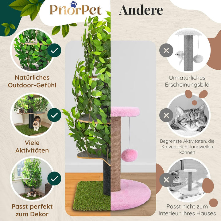 Kratzbaum Natur zum Klettern, Verstecken und Schlafen - gross mit austauschbaren Blättern - mehrstuf