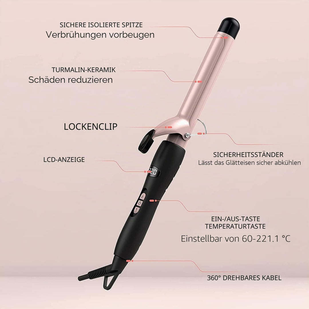 Lockenstab, Lockenstab aus Keramik-Turmalin, LCD-Display, 60-220 einstellbare Temperatur, schnelles