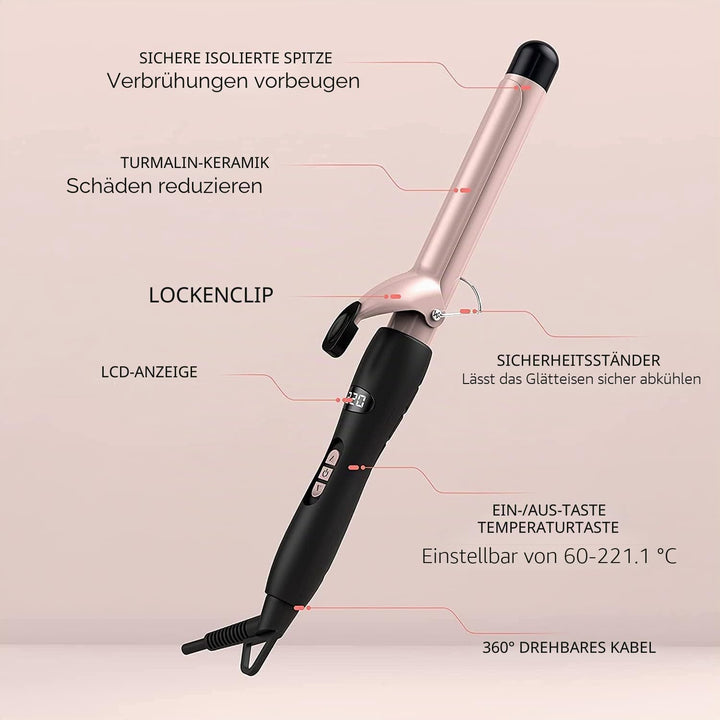 Lockenstab, Lockenstab aus Keramik-Turmalin, LCD-Display, 60-220 einstellbare Temperatur, schnelles