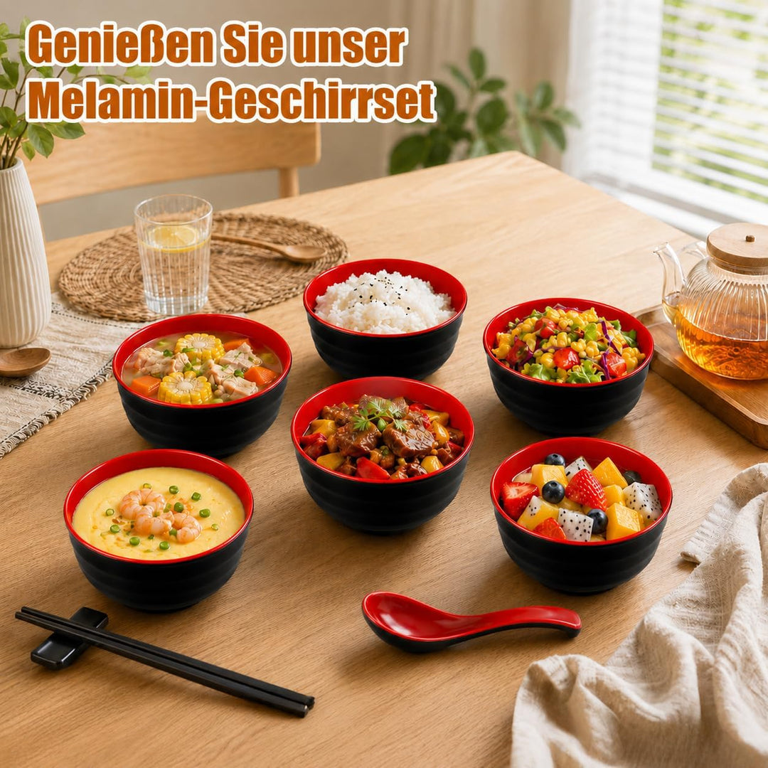 30 Stück Ramen Schalen Set für 6 Personen Japanisches Geschirr Set mit Suppenschalen Löffeln Essstäb