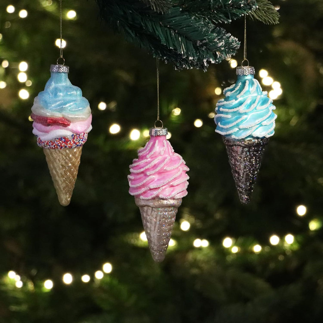 com-four® 3X Premium Christbaumschmuck - Deko-Eistüte aus echtem Glas - besondere Baumkugeln als Wei