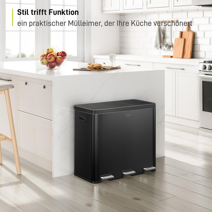 EKO Essential Mülleimer 3 Fächer, 3 x 20 Liter, Mülltrennsystem Küchentretmülleimer, inklusive 20 Mü