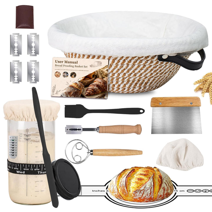 Sauerteig Starter Set, 700ml Sauerteig Glas, Baumwollseil Runde Gärkörbchen für Brot Gärkorb Brot mi