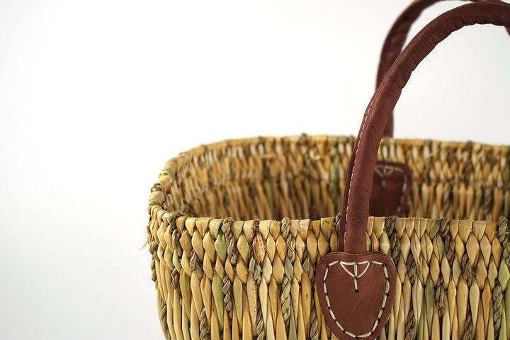 Kobolo Korbtasche Einkaufstasche Flechttasche Strandtasche Seegrastasche natur Ledergriffe