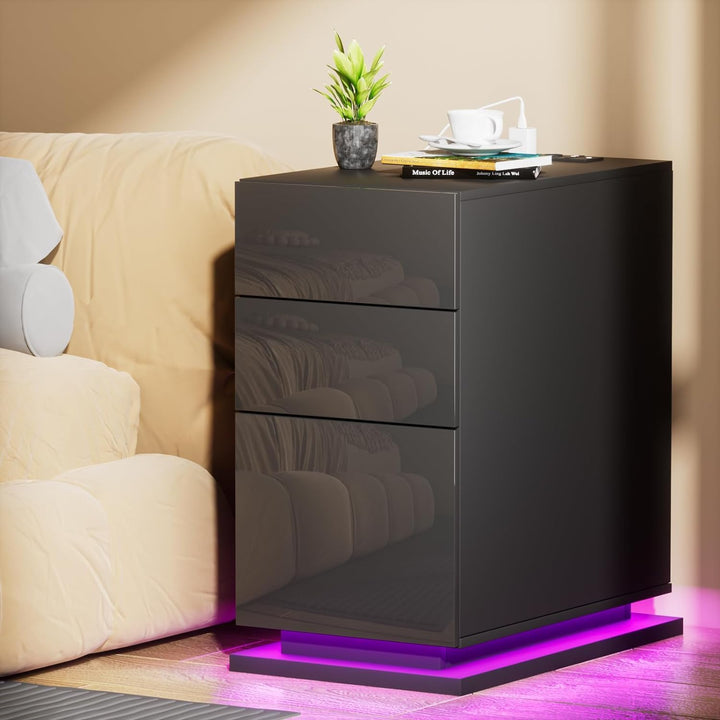 PIPIPOXER Nachttisch mit LED, Nachttisch Schwarz mit 3 Schubladen, Nachtschrank Schwarz Hochglanz Na