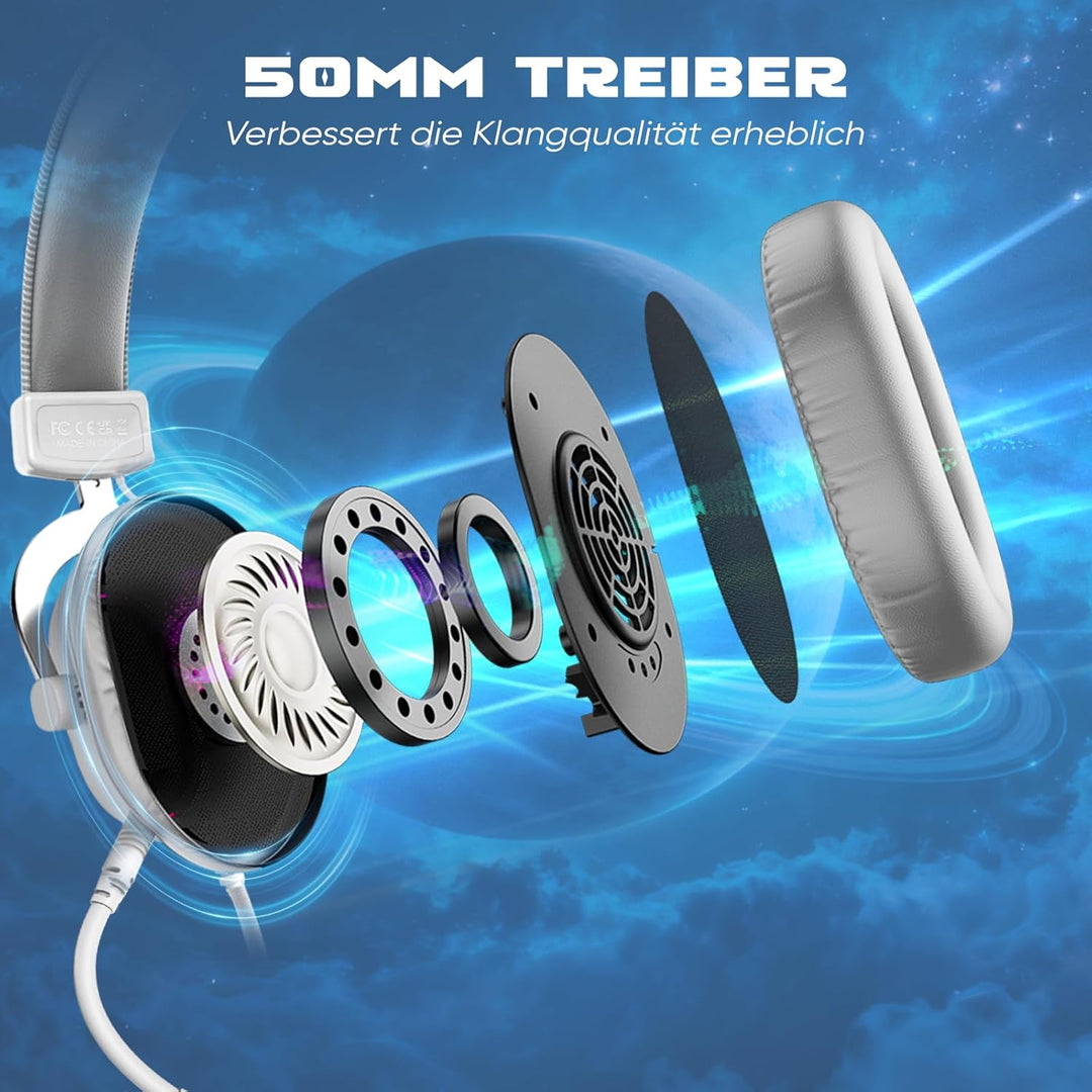 FIFINE Gaming Headset mit Mikrofon, Over Ear Kopfhörer mit Kabel, USB Headset für PC PS4 PS5, RGB He