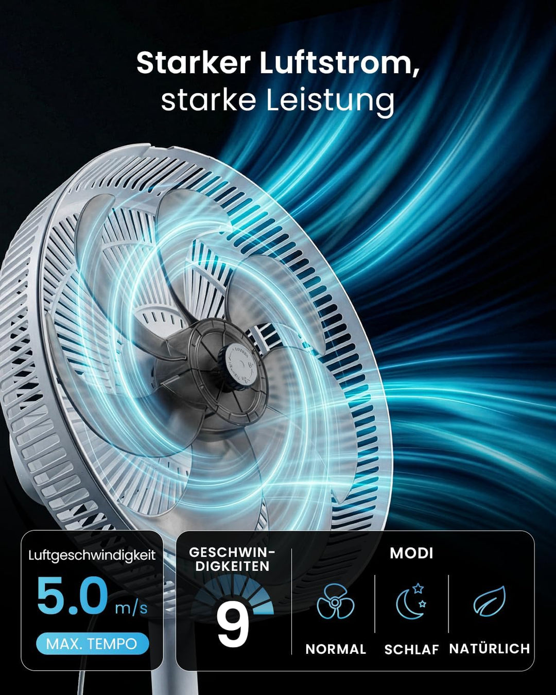 Pro Breeze AirFlo Slim Standventilator – 3-in-1: 70 | 100 | 130 cm | 9 Stufen bis 5,0 m/s | Leise 3