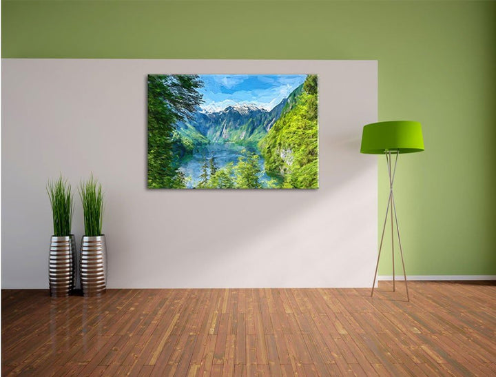 Pixxprint Blick auf den Königssee Kunst als Leinwandbild/Grösse: 100x70 cm/Wandbild/Kunstdruck/ferti
