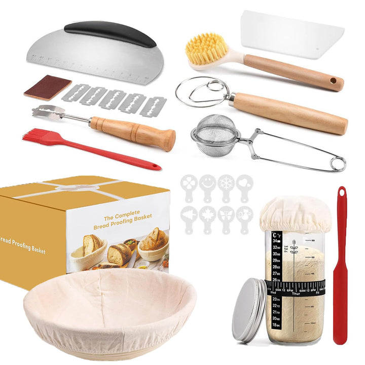 Gärkorb Brot,Sauerteig Starter Set,Brotbackzubehör Kit,Brot Backen Zubehör für Anfänger,Gärkörbchen