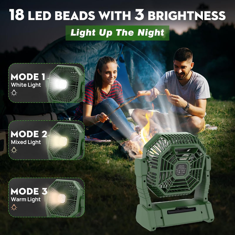 Camping Ventilator mit LED-Licht, Wiederaufladbarer Camping Fan mit Haken & Fernbedienung, 4 Geschwi