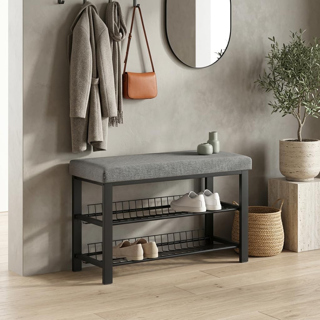 stabiles Schuhregal mit Sitzbank platzsparende Schuhbank 2 Gitterablagen 81x50x32 cm, formschöner Sc