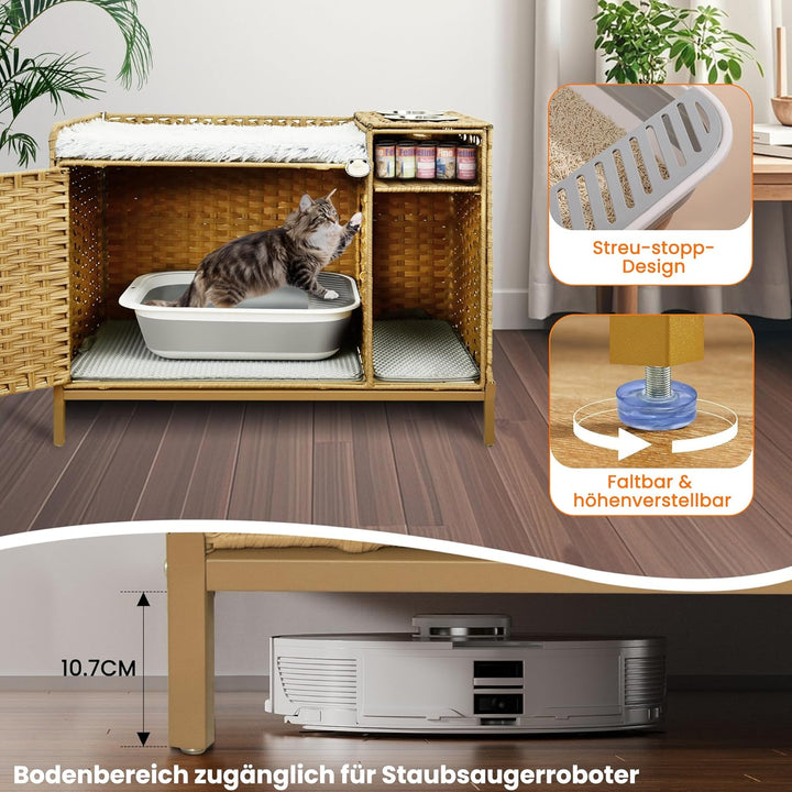 XXL Verstecktes Katzenklo Möbel mit Plüschkissen, 90x50x65cm Handgewebtes Rattan Katzenhaus, Stabil